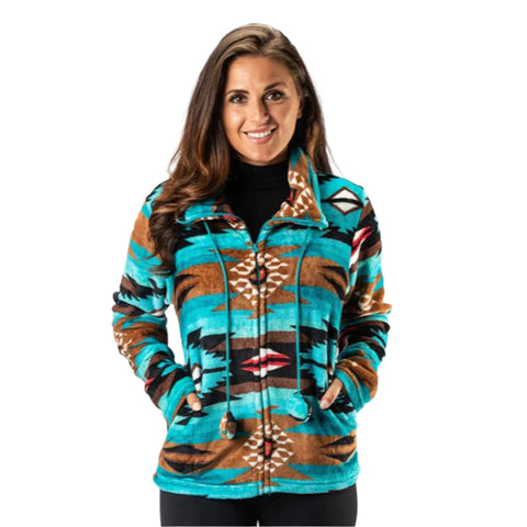Teal and Brown Aztec Fleece Jacket with Side Seam Pockets