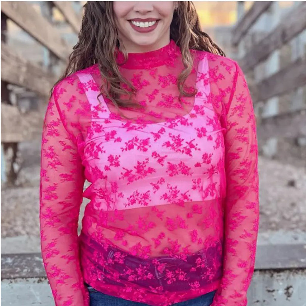 Hot Pink Lace Mesh Long Sleeve Top