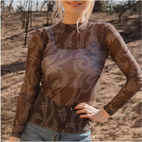 Brown Boot Stitched Mesh Long Sleeve Top