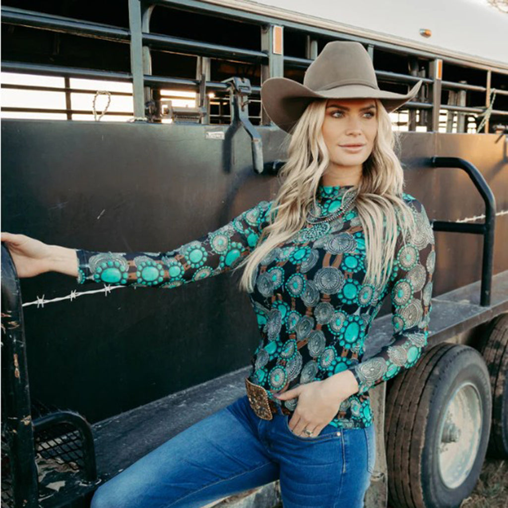 Turquoise Concho Print Mesh Long Sleeve Top