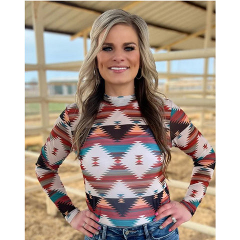 Cream/Rust/Turquoise Aztec Print Mesh Top