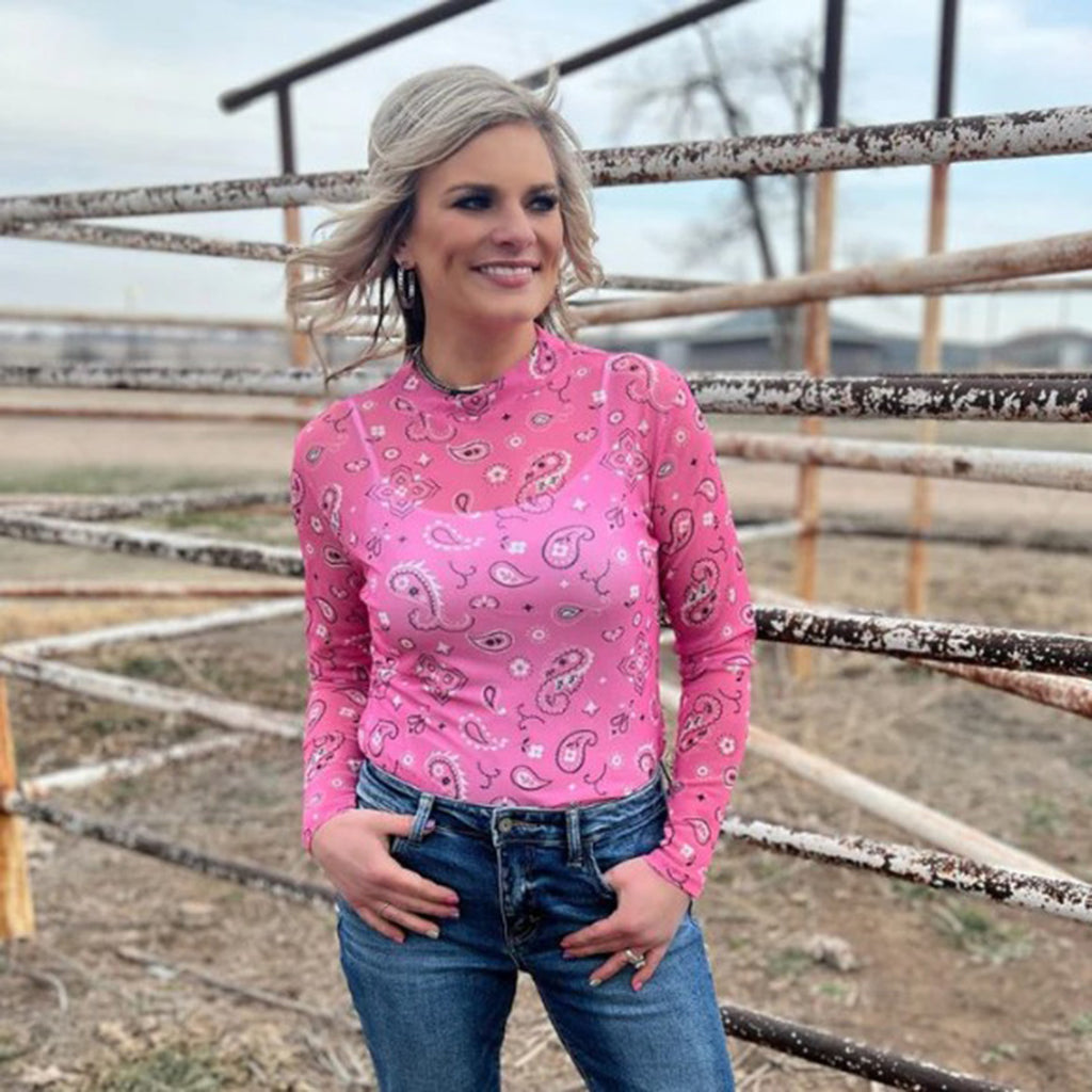 Pink Bandanna Print Mesh Long Sleeve Top 