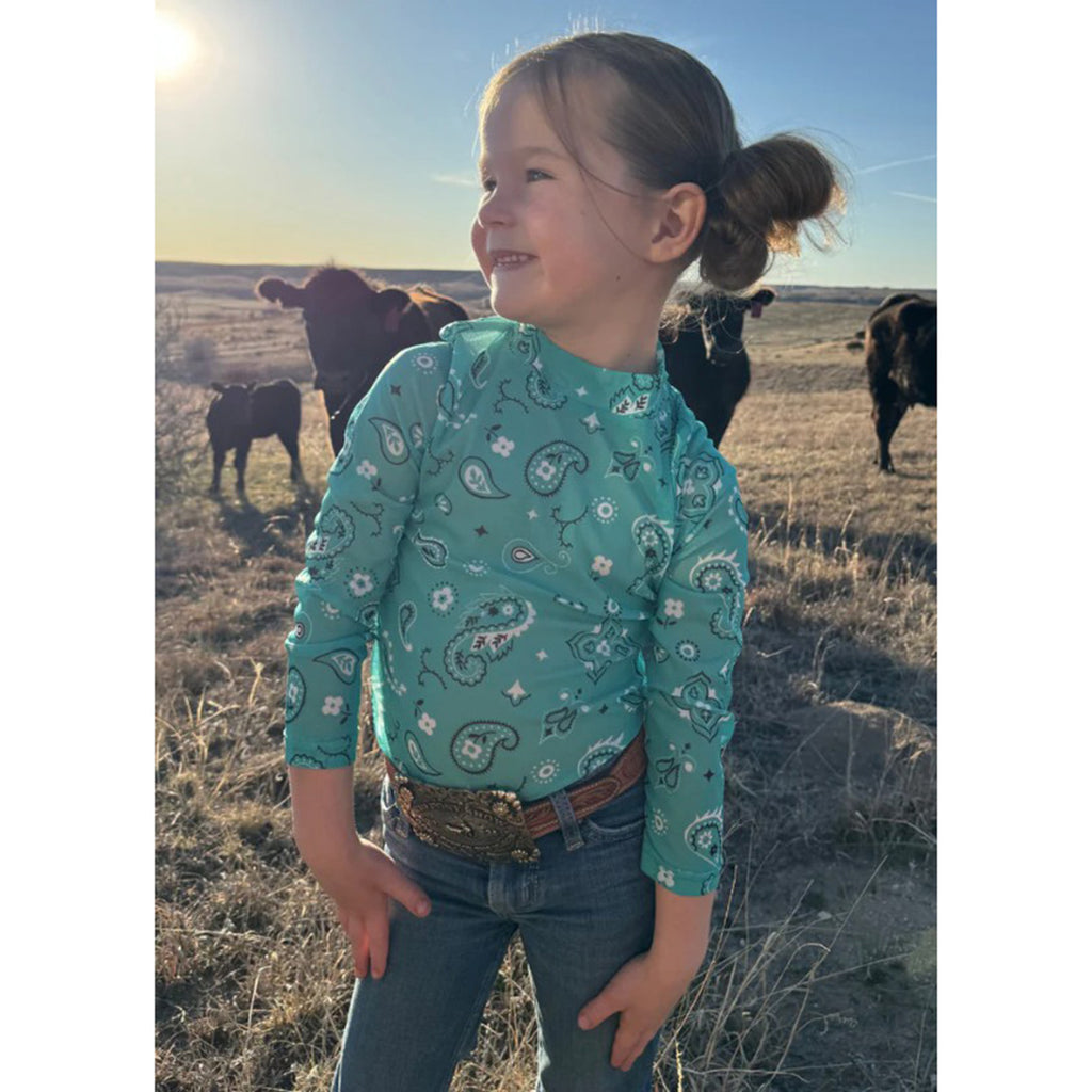 Kid's Turquoise Bandanna Print Mesh Long Sleeve Top