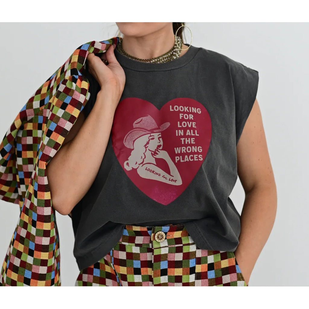 Black T-shirt with a Red Heart and Cowgirl with Looking for Love