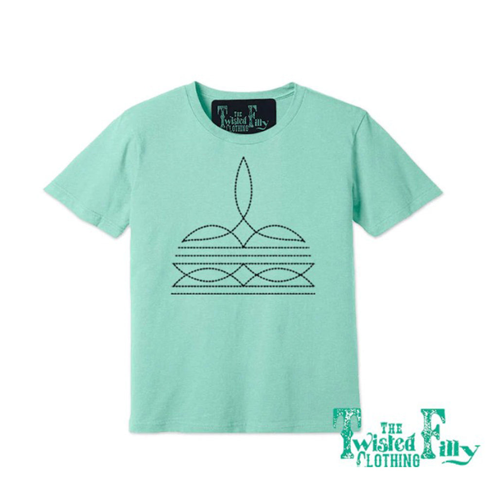 Turquoise T-shirt with a Black Boot Stitch Design