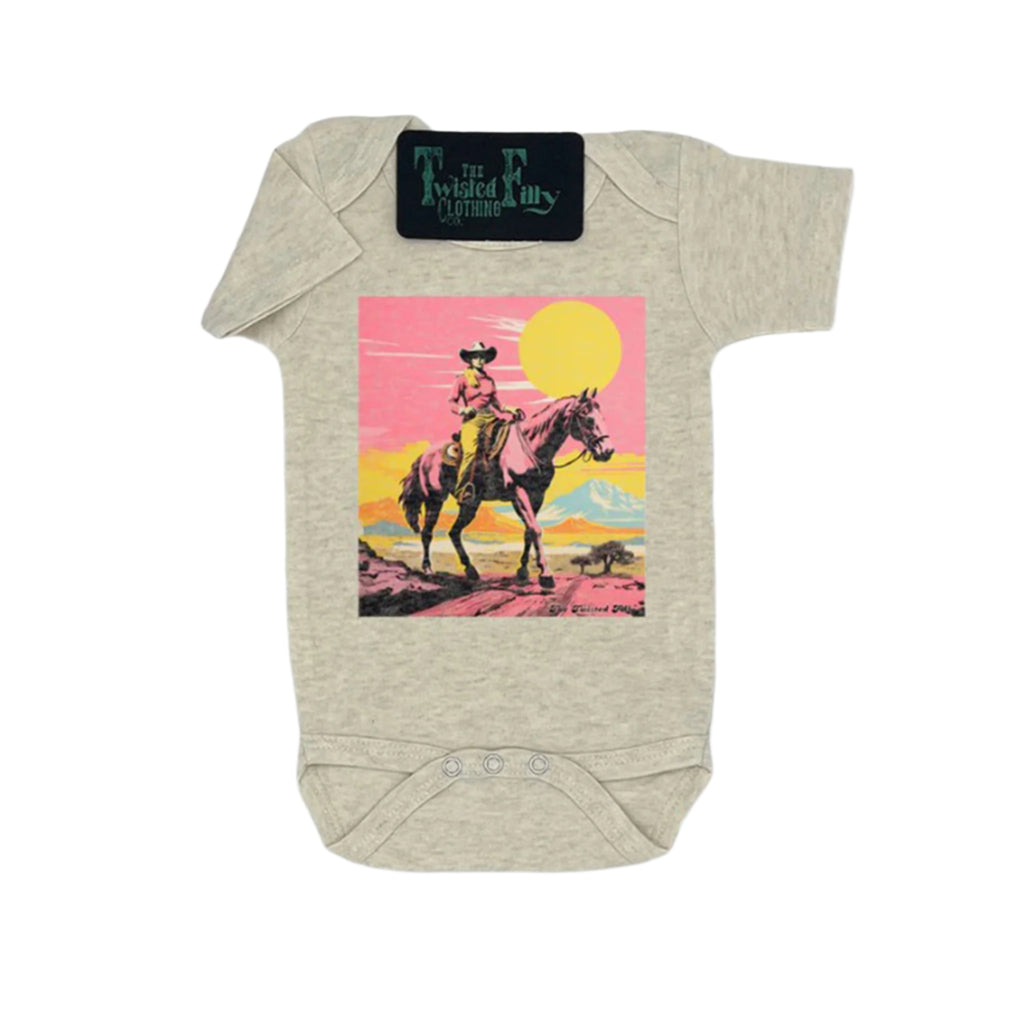 Cowgirl on a Horse at Sunset Graphic on a Oatmeal Colored Onesie 