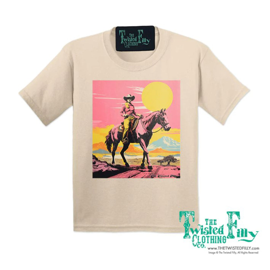 Cowgirl on a Horse at Sunset Graphic on a Sand Colored T-shirt 