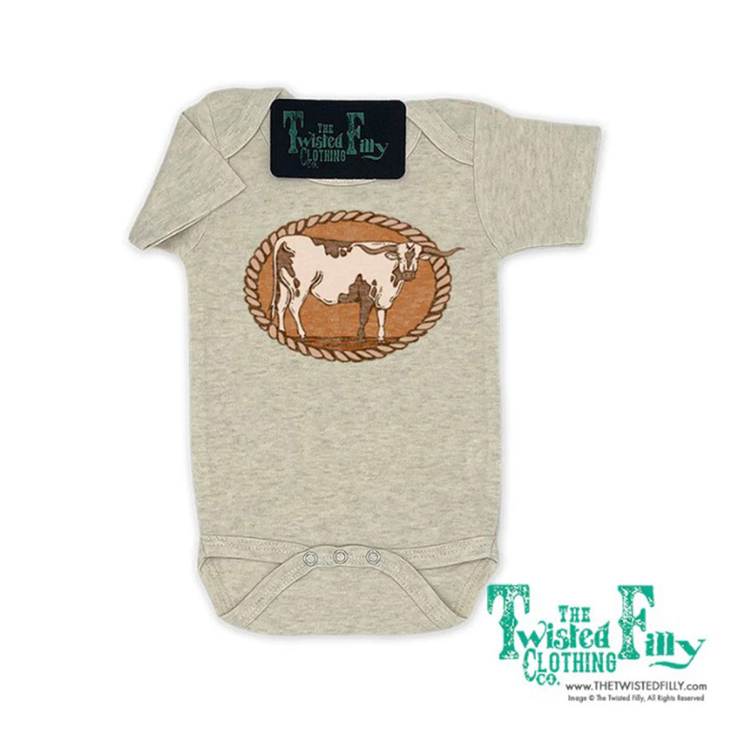 Oatmeal Onesie with a Longhorn and Rope Graphic