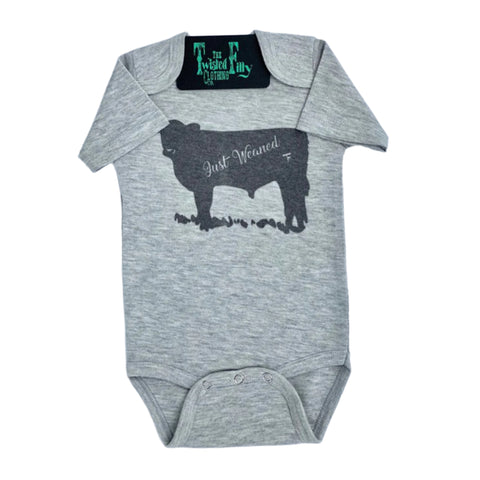 Gray Onesie with a Cow Branded Just Weaned 