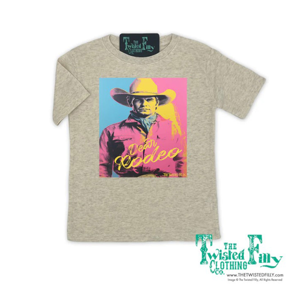 Oatmeal T-shirt that says Dear Rodeo with a Vintage Cowboy