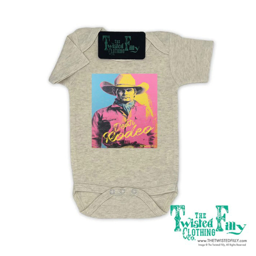 Oatmeal Onesie that says Dear Rodeo with a Vintage Cowboy