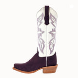 Plum Roughout Square Toe Boot with a White Shaft and Plum Stitching