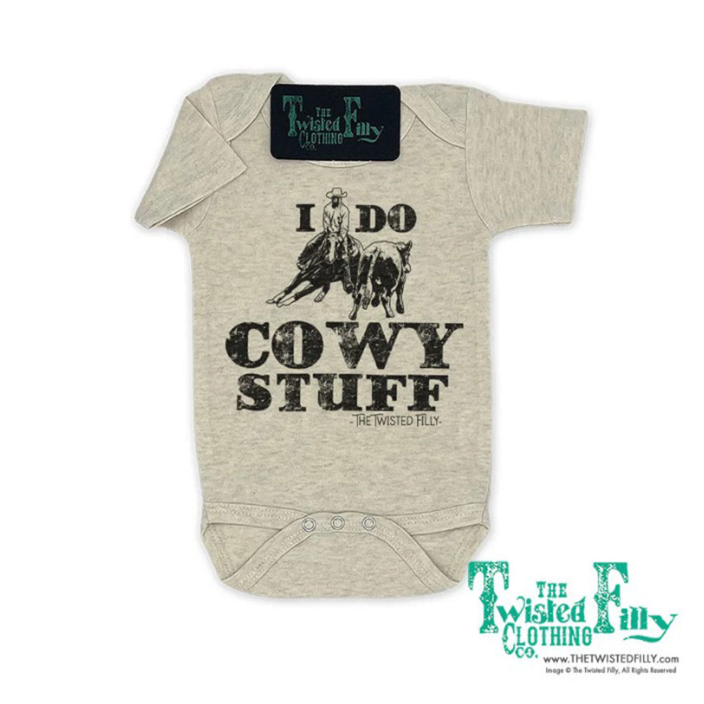 Oatmeal Colored Onesie with a Cowboy, Horse and Cow Graphic