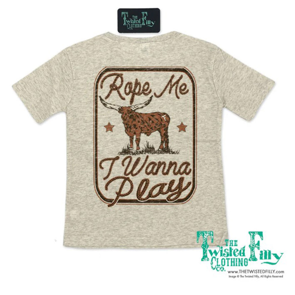 Oatmeal Colored T-shirt with a Longhorn Graphic on the Back with Rope Me I Wanna Play 
