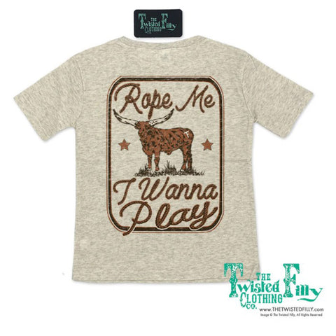 Oatmeal Colored T-shirt with a Longhorn Graphic on the Back with Rope Me I Wanna Play 