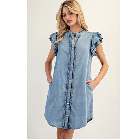 Ruffle Sleeve Denim Button Down Dress