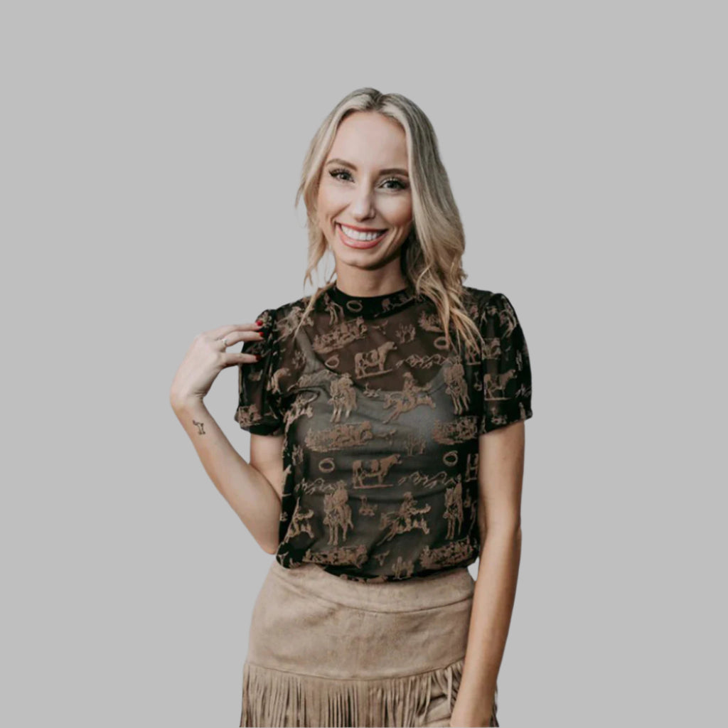 Black and Brown Western Scene Short Sleeve Mesh Top