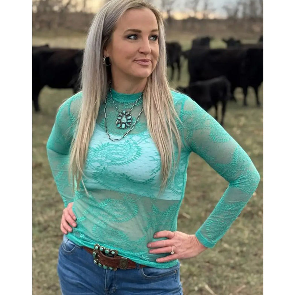 Aqua Lace Mesh Long Sleeve Top