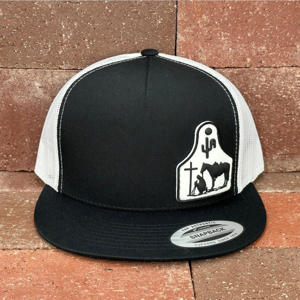 Black and White Snapback Cap with Praying Cowboy on an Ear Tag