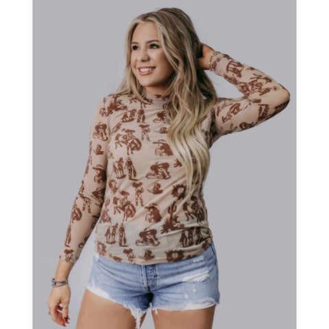 Mocha Desert Scenes Velvet Mesh Top 