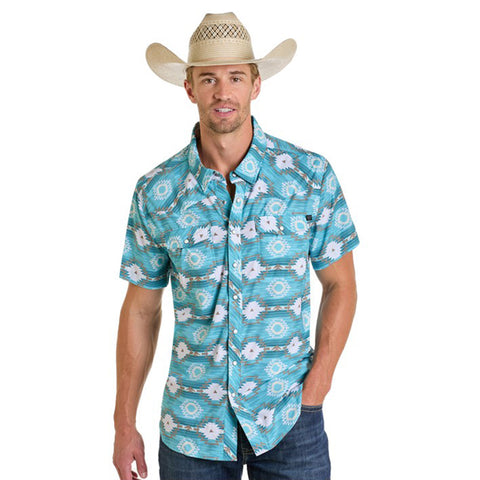 Turquoise and White Aztec Print Short Sleeve Snap Shirt