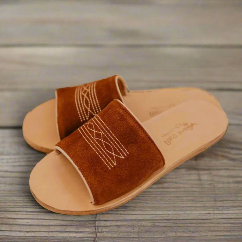 
Rust Roughout Suede with Boot Stitch Embroidery and Cream Piping Slide Sandals