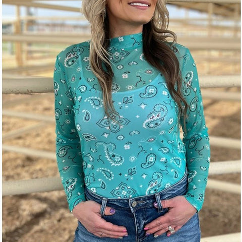 Turquoise Bandanna Print Long Sleeve Mesh Top