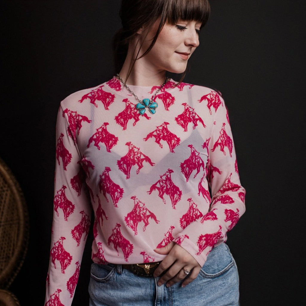 Pink Long Sleeve Mesh Top with Dark Pink Bucking Broncs