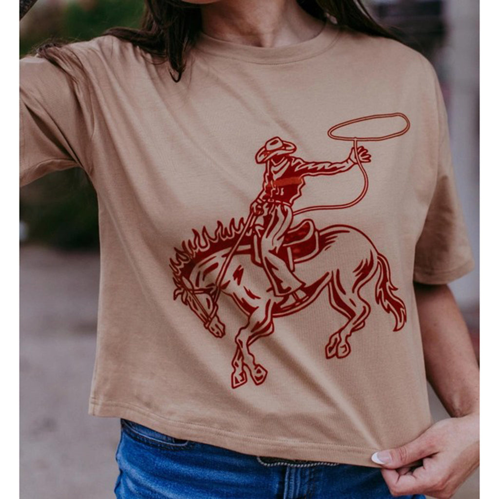 Brown Western Rodeo Bronco Short Sleeve Crop Tee