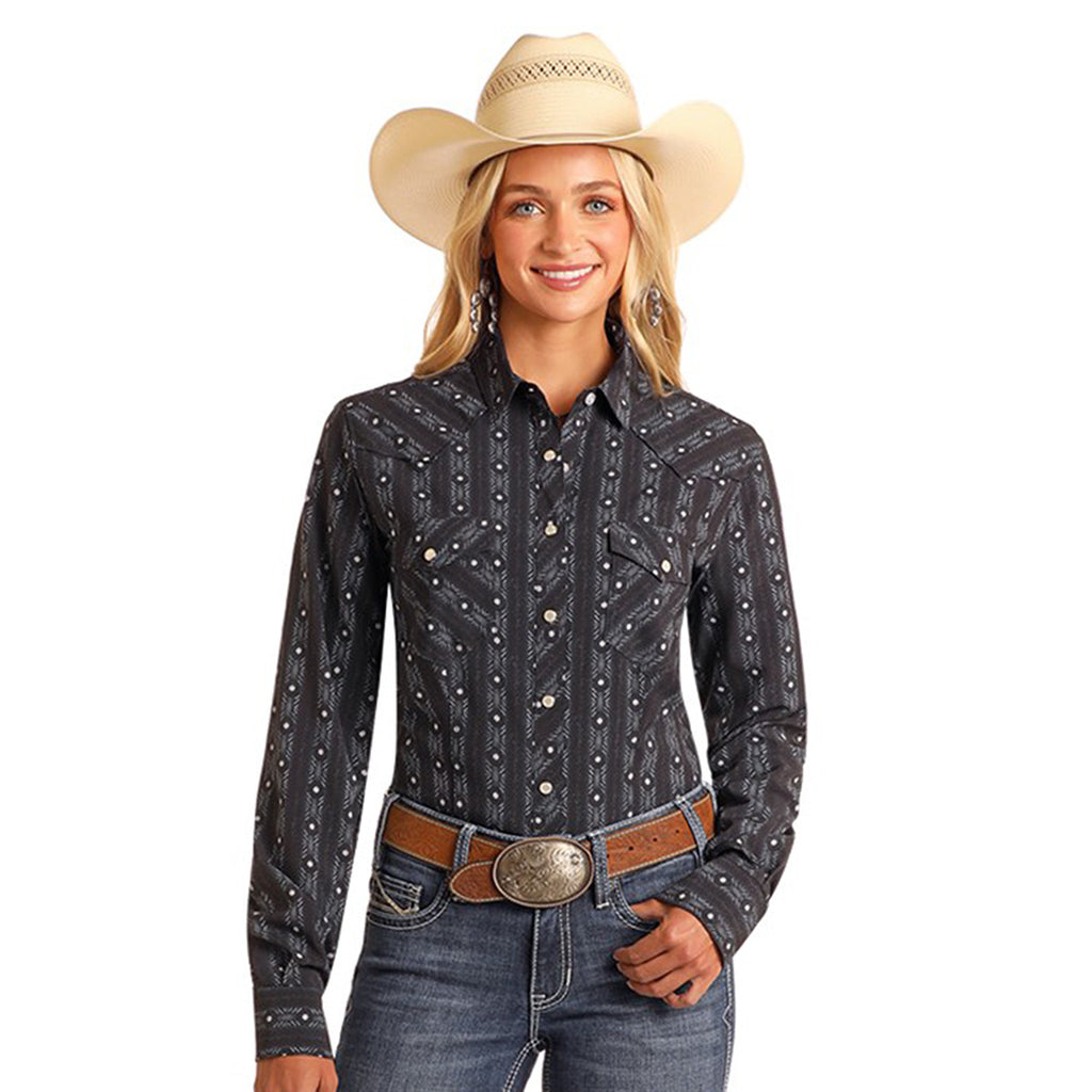 Black and Charcoal Long Sleeve Western Snap Shirt with Two Chest Pockets