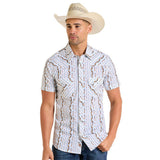 White/Brown and Blue Aztec Striped Snap Short Sleeve Shirt with Two Pockets