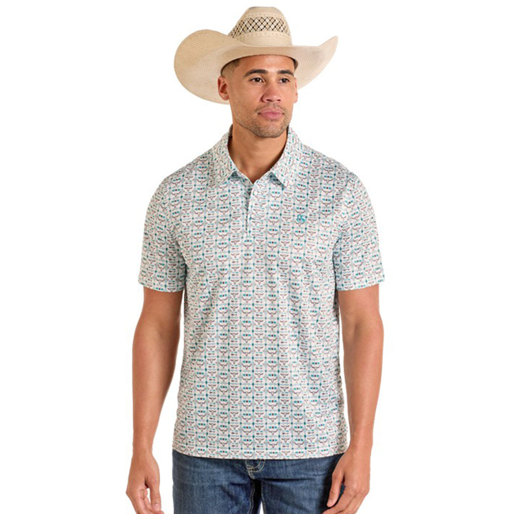 White and Turquoise Print Polo with Snaps