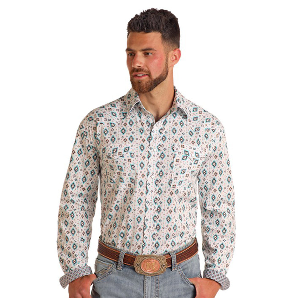 White, Turquoise Diamond Print Long Sleeve Snap Shirt