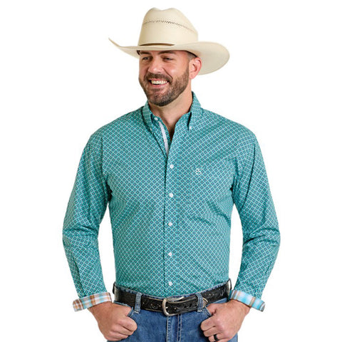 Turquoise Diamond Geo Print Button-up Long Sleeve Shirt