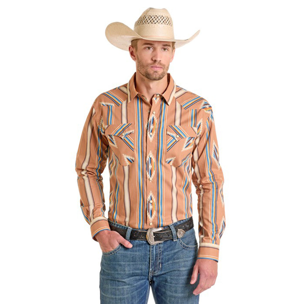 Tan and Blue Muti Aztec Print Long Sleeve Snap Shirt with Two Pockets