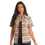 Tan Southwest Aztec Short Sleeve Snap Shirt with Two Chest Pockets
