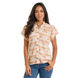 Cream and Orange Bronce Print Short Sleeve Snap Shirt
