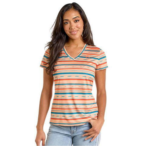 Coral/Turquoise Multi Striped V-Neck T-shirt