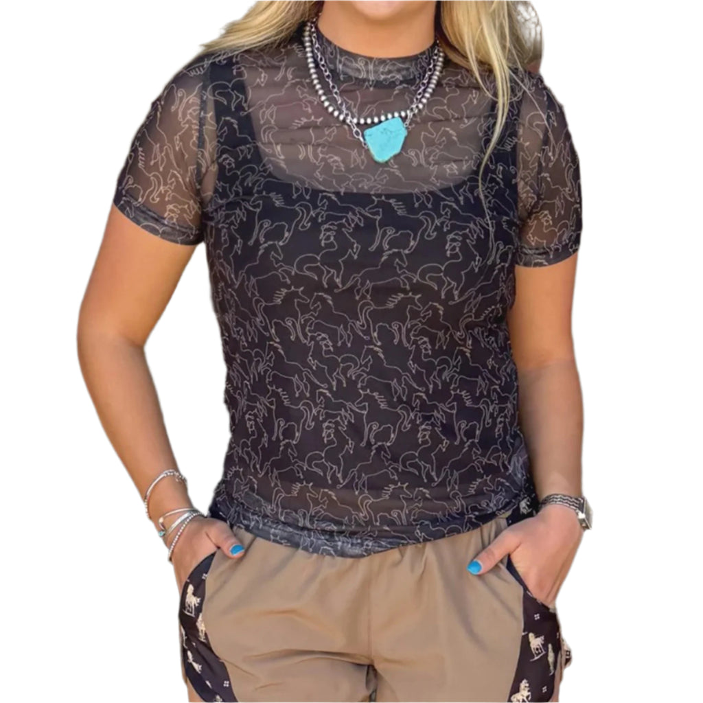 Black Horse Print Mesh Shot Sleeve Top