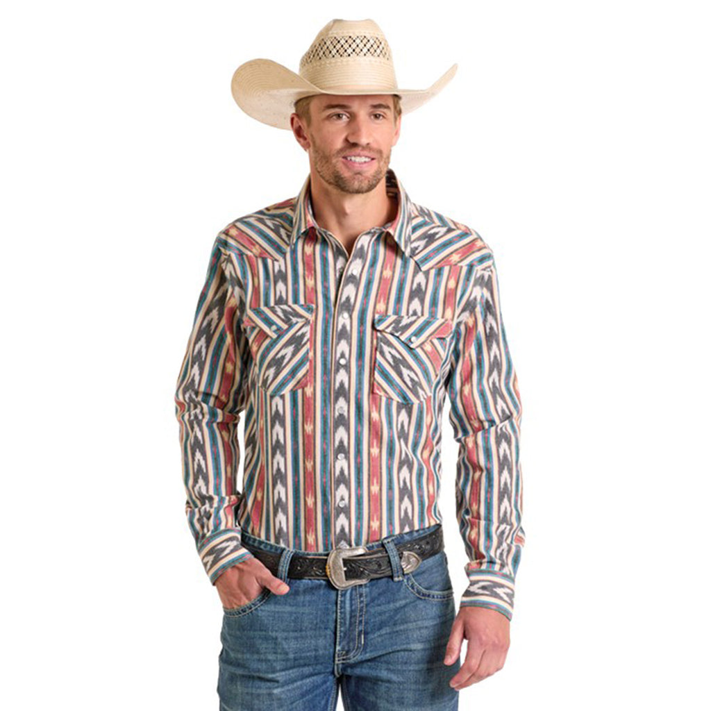 Vertical Striped Aztec Long Sleeve Snap Shirt with Two Chest Pockets