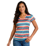 Turquoise and Coral Striped V Neck T-shirt