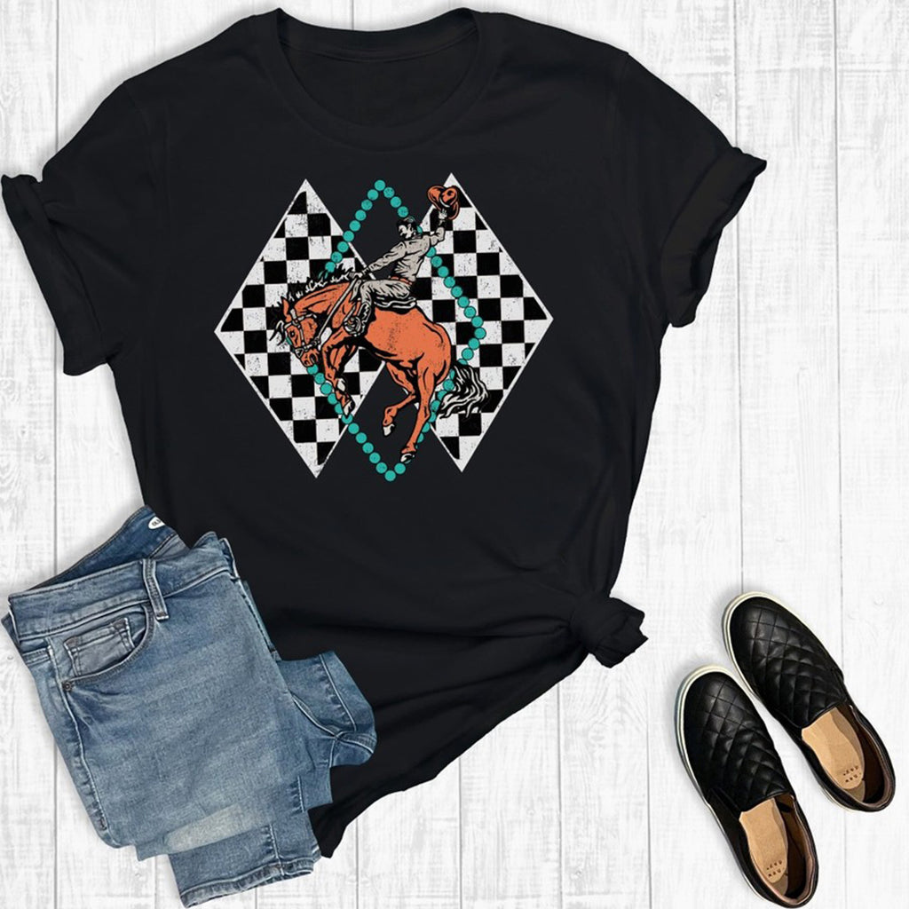 Black Tee with Checkered Diamonds and Bronc Rider Graphic