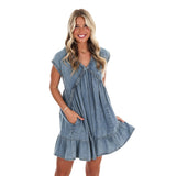 Denim Mini Dress with Braided Accents and Pockets
