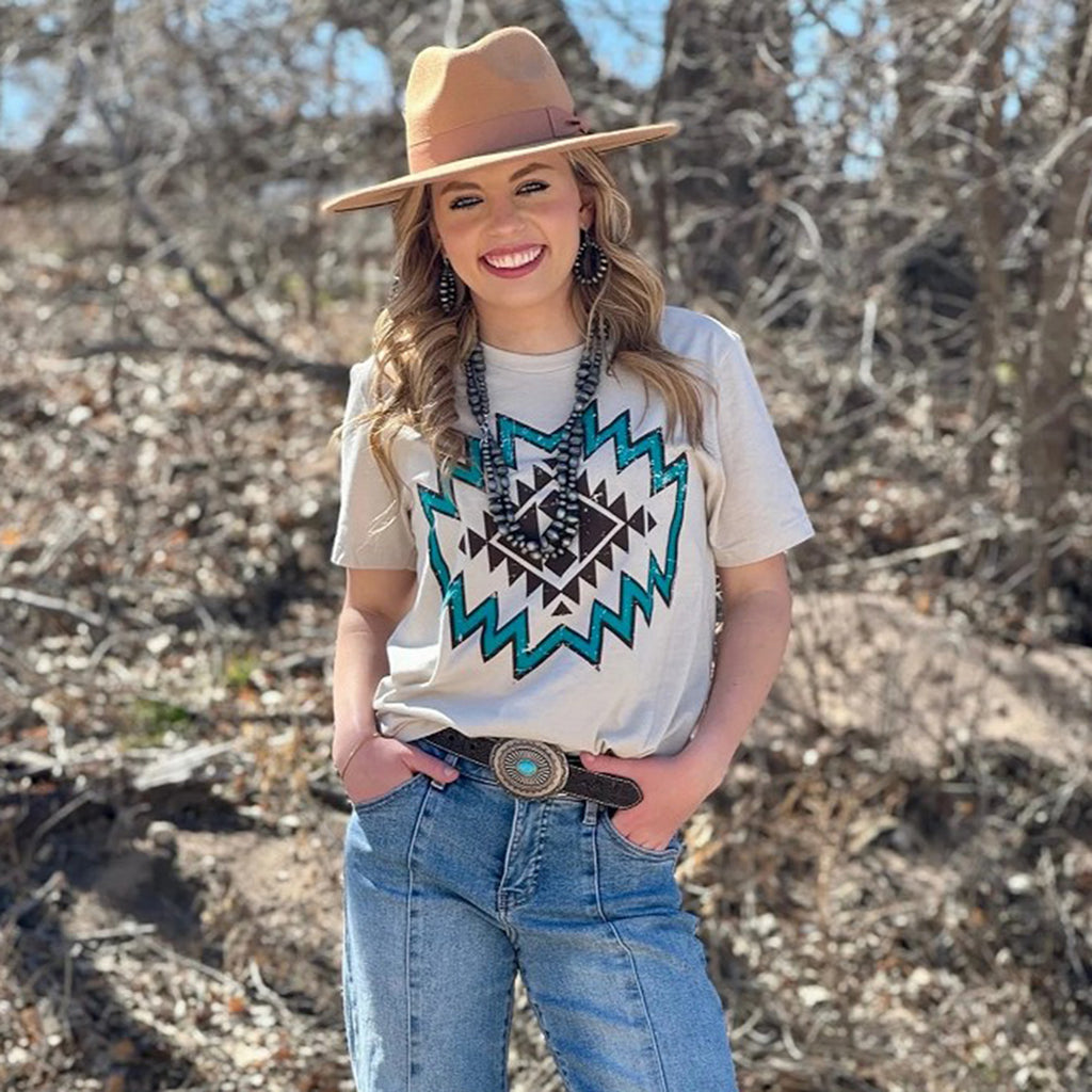 Heather Dust Tee with Brown and Turquoise Aztec Graphic