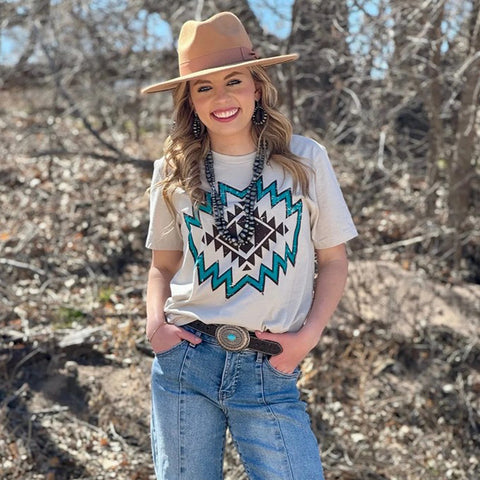 Heather Dust Tee with Brown and Turquoise Aztec Graphic