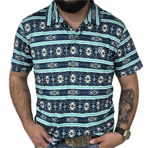Navy and Turquoise Aztec Print Polo