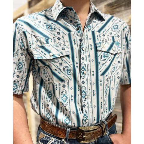White/Turquoise Aztec Striped Snap Short Sleeve Shirt with Two Chest Pockets