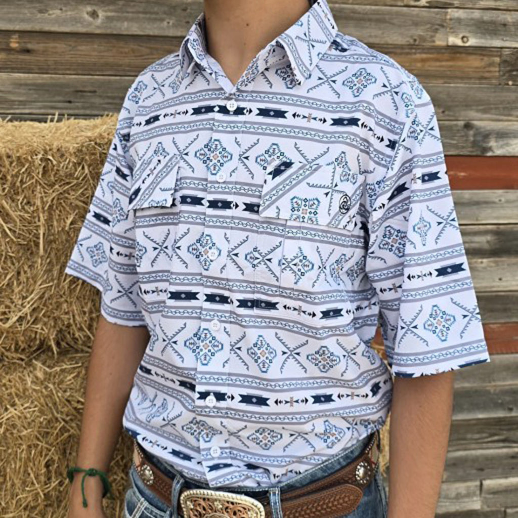 White and Teal Aztec Short Sleeve Shirt