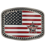 Front facing view of belt buckle with American flag and PBR logo in the bottom left corner. 