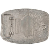 Back facing view of belt buckle. Depicts attachment pieces and showing square shaped cast. 